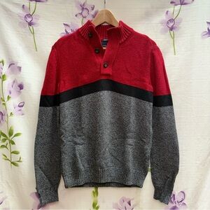 American Eagle Red And Gray Striped High Neck Henley Button Sweater